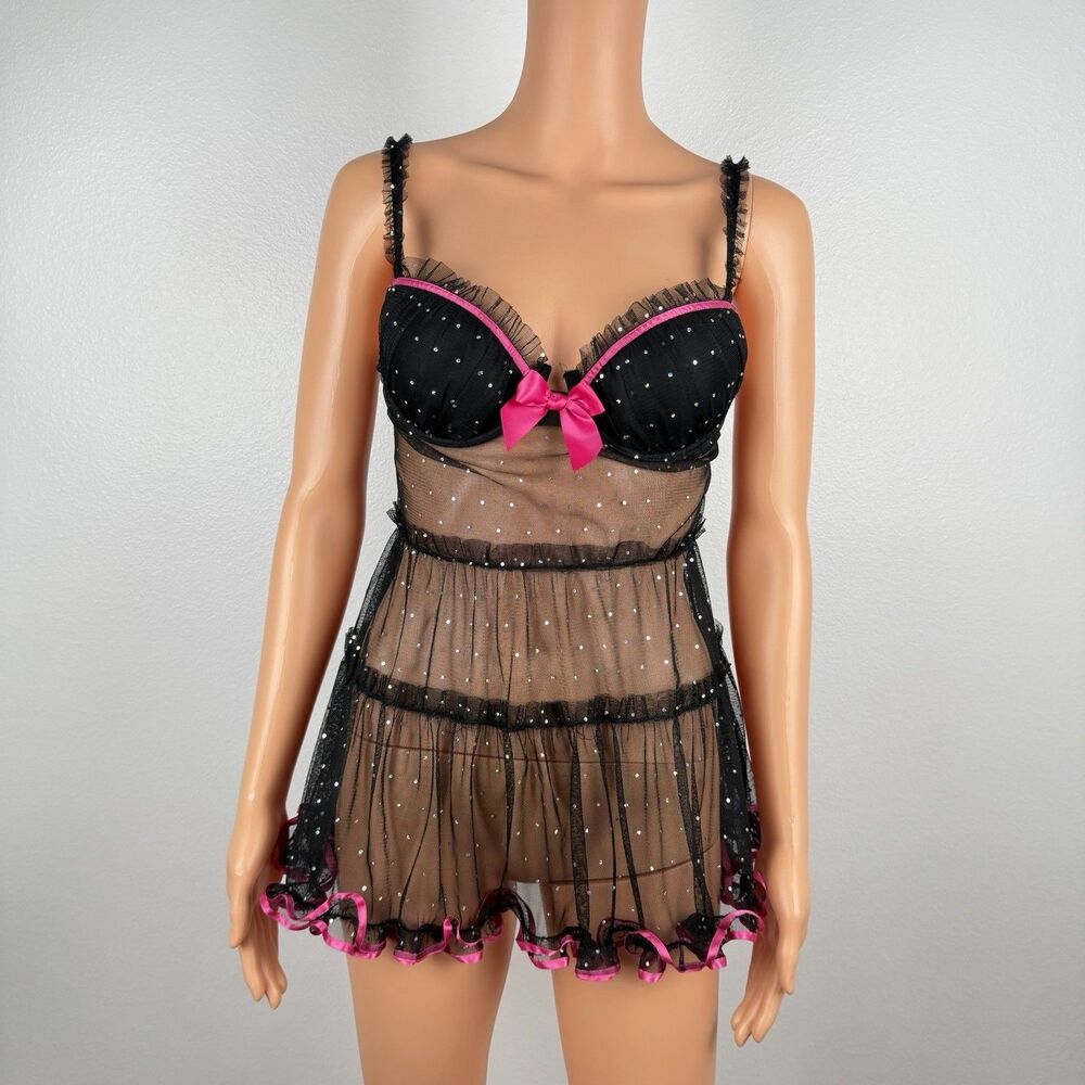 Fredericks of Hollywood Y2K Black Sequin Mesh Babydoll Hot Pink Trim Lingerie 32